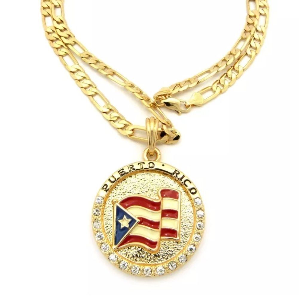 New Puerto Rico Flag Medallion Free Figaro Chain​ - Picture 2 of 4